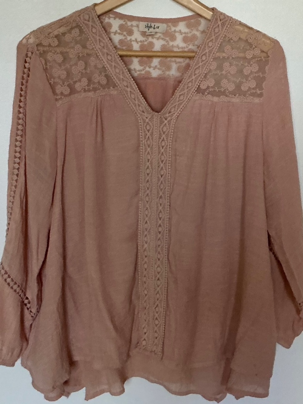 Dusty Rose Lace Trime V-Neck Boho Blouse Size-L Cottagecore Peasant Whimsigoth